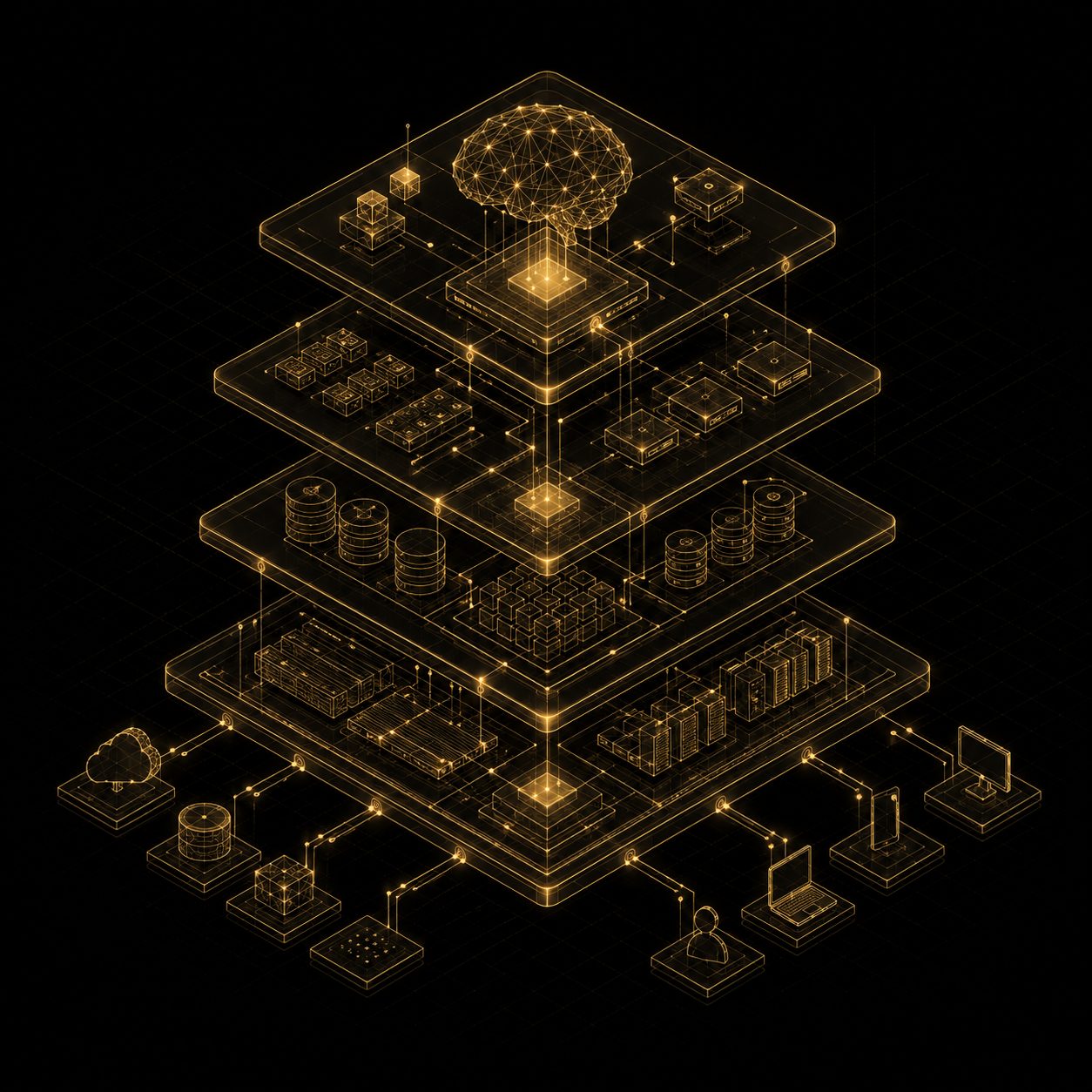 Gold isometric blueprint of a layered enterprise AI system architecture